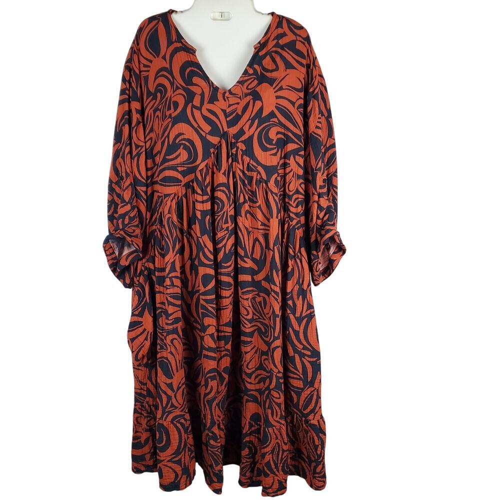 June + Vie Gauze Maxi Dress Abstract Orange Blue Sz 12 Coastal Grandmother